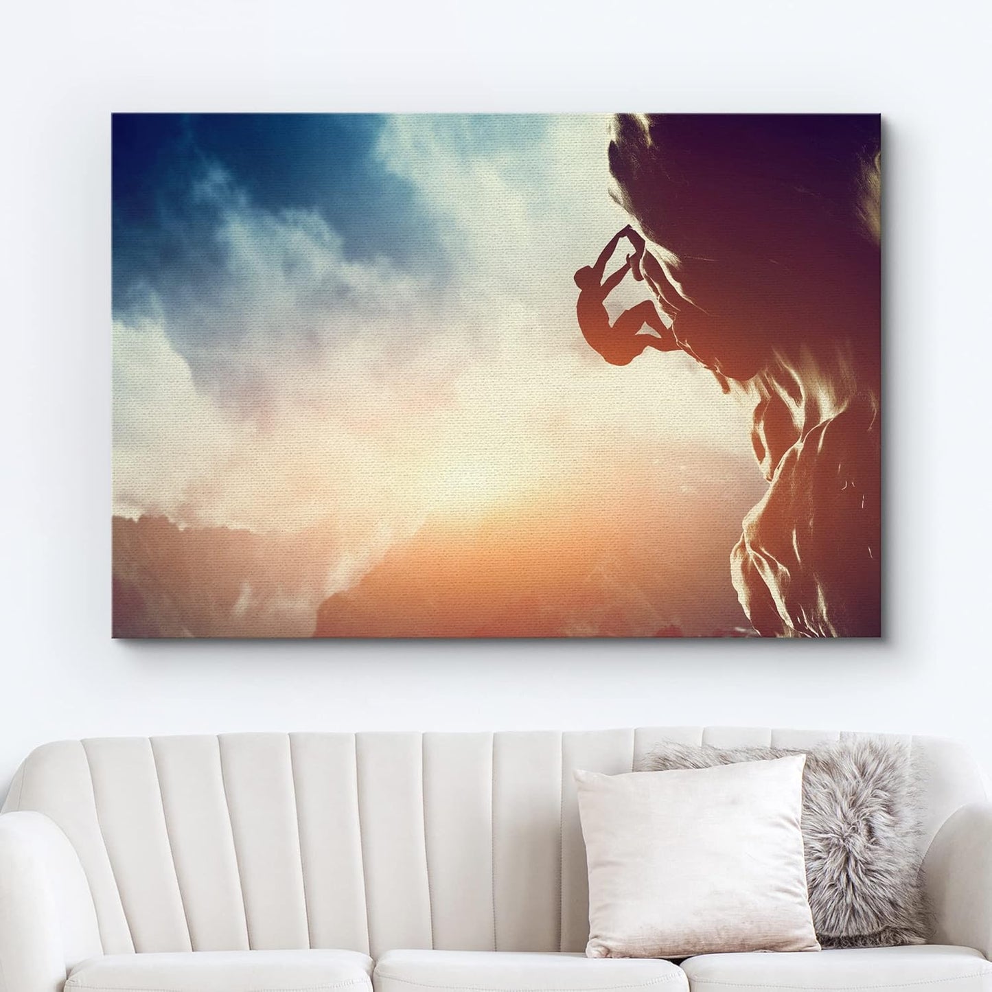 Canvas Prints Wall Art - Man Climbing on Rock Mountain at Sunset/Art of Ambition | Modern Home Deoration/Wall Art Giclee Printing Wrapped Canvas Art Ready to Hang - 24" x 36"