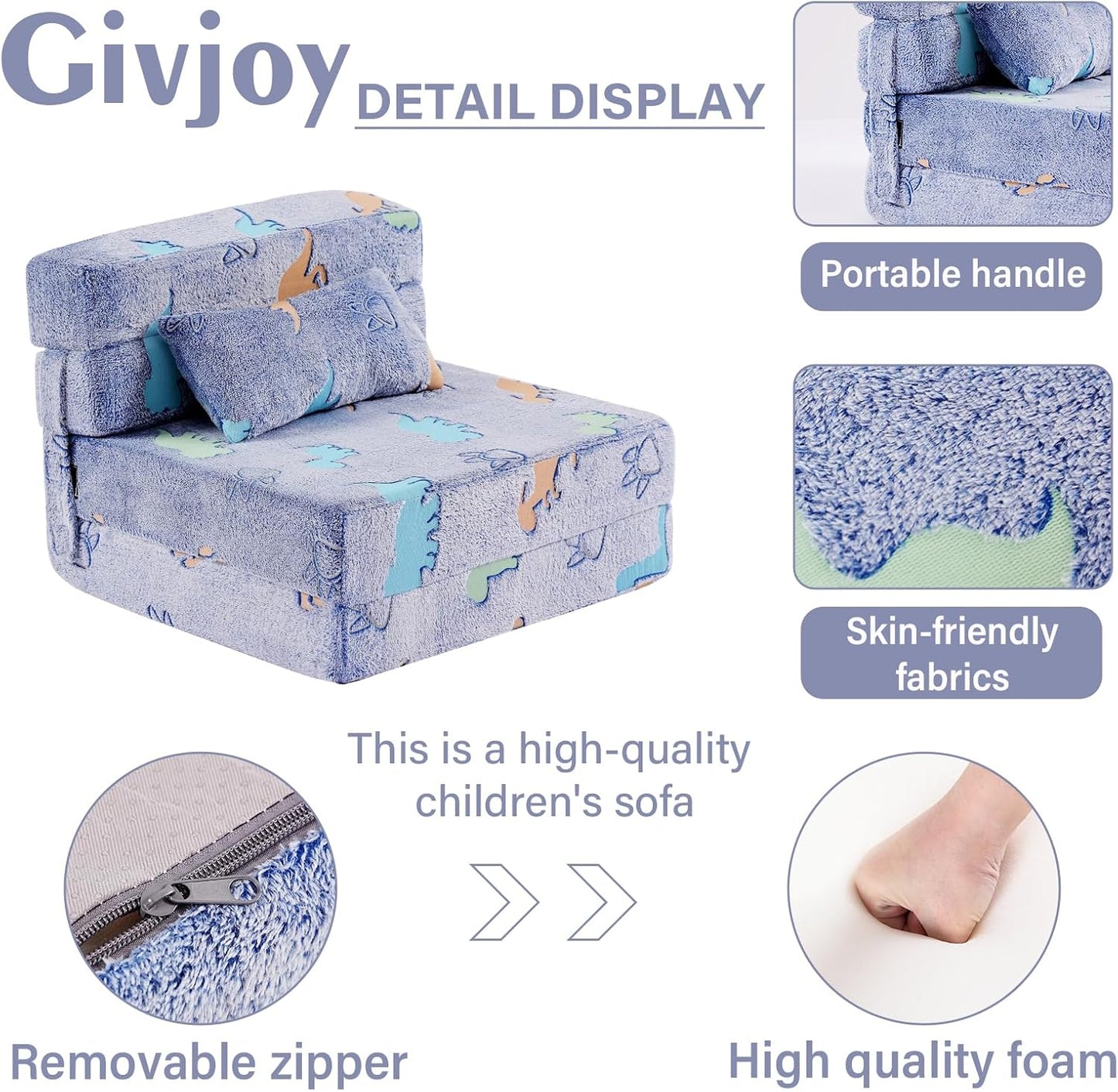 Folding Sofa Bed Floor Mattress for Kids With Pillow - Toddler Glow Washable Nap Mat for Sleeping, Child Fold Up Futon Chair Bed With Storage Bag for Girls Boys