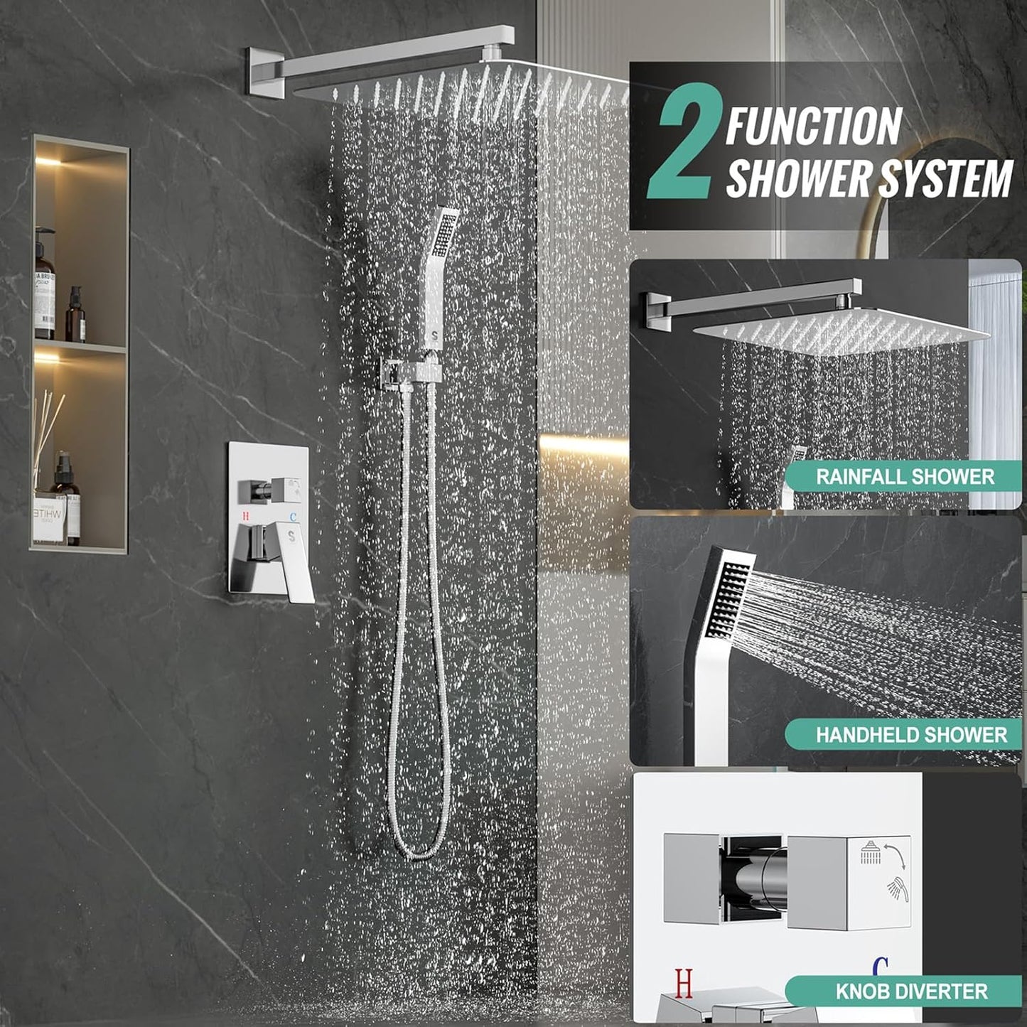 SR SUN RISE Polished Chrome Square Rainfall Shower Head and Handle Set, Wall Mounted Shower Fixtures, Metal Shower Faucet Trim Repair Kits (With Shower Valve) 16 Inches