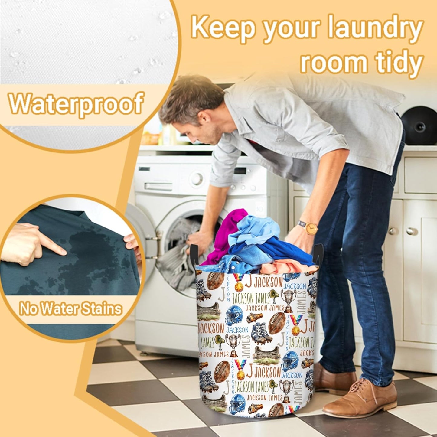 Personalized Football Laundry Basket, Custom Sports Laundry Hamper With Name Gifts For Kids Baby Adults, Collapsible Dirty Clothes Storage Organizer With Handles S 16.5 X 13.8in