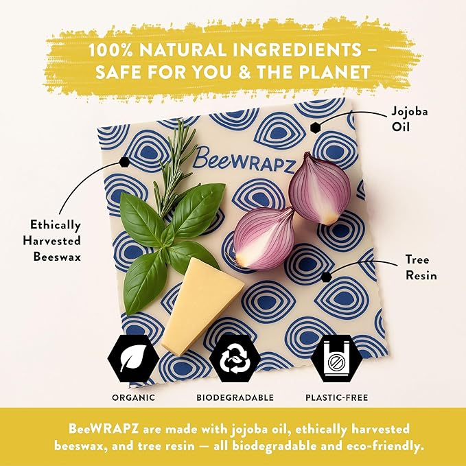 BeeWRAPZ Reusable Beeswax Wraps for Food | Eco Friendly & Organic | Eco-Friendly & Plastic-Free Food Storage | Biodegradable |Pack of 3 Beeswax Food Wraps for Wrapping Fruits & Vegetables (Blue)