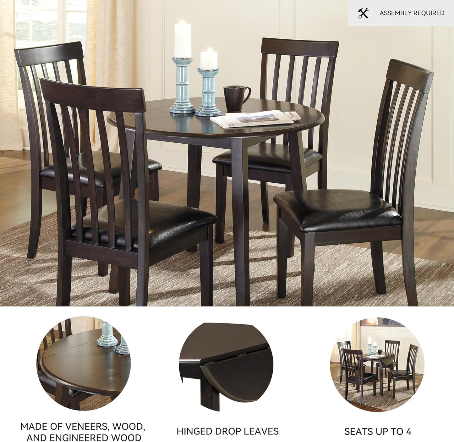 Signature Design by Ashley Hammis Round Dining Room Drop Leaf Table, Dark Brown