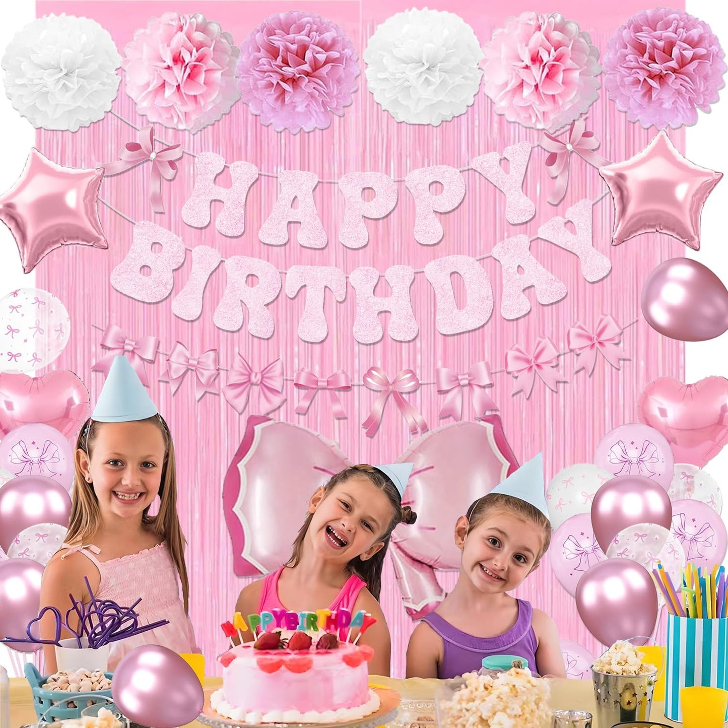 Pink Bow Birthday Party Decorations, Bow Theme Happy Birthday Banner Fringe Curtain Tissue Pom poms Garland Balloons for Women Girls Bday Party Supplies (Macaron Pink)