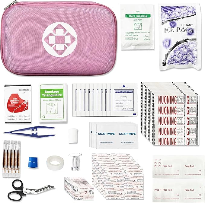 277PCS Compact Emergency First Aid Kit for Car Business Travel Size Backpacking Gear Bag Camping Essentials Survival Kit Supplies for Road Trips, Hiking, Outdoor Play Pink AMORNING