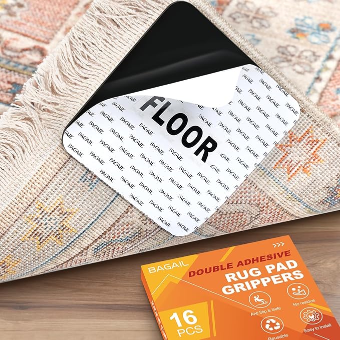 BAGAIL Rug Grippers 16 Pcs, Non-Slip Rug Corner Grips for Hardwood Floors & Tile, 4x4in Reusable Double-Sided Adhesive Carpet Tape to Prevent Sliding & Tripping Hazards for Pets, Kids, Family