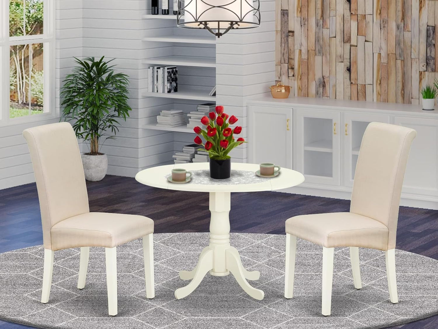 East West Furniture DLBA3-WHI-01 3 Piece Modern Dining Table Set Contains a Round Wooden Table with Dropleaf and 2 Cream Linen Fabric Upholstered Parson Chairs, 42x42 Inch, Linen White