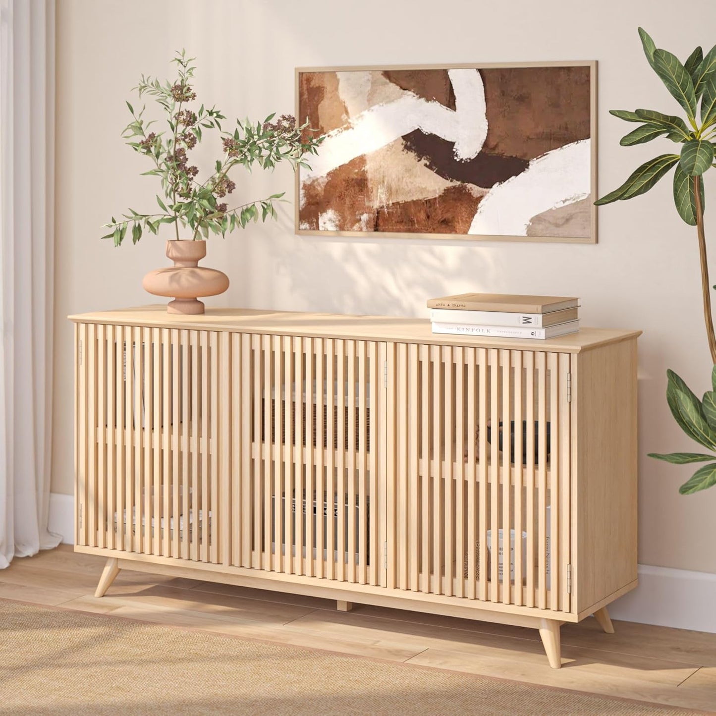Plank+Beam Mid-Century Modern Wood TV Stand, Three Door Solid Wood Entertainment Console with Storage, 59" L x 16" W x 30" H, Blonde