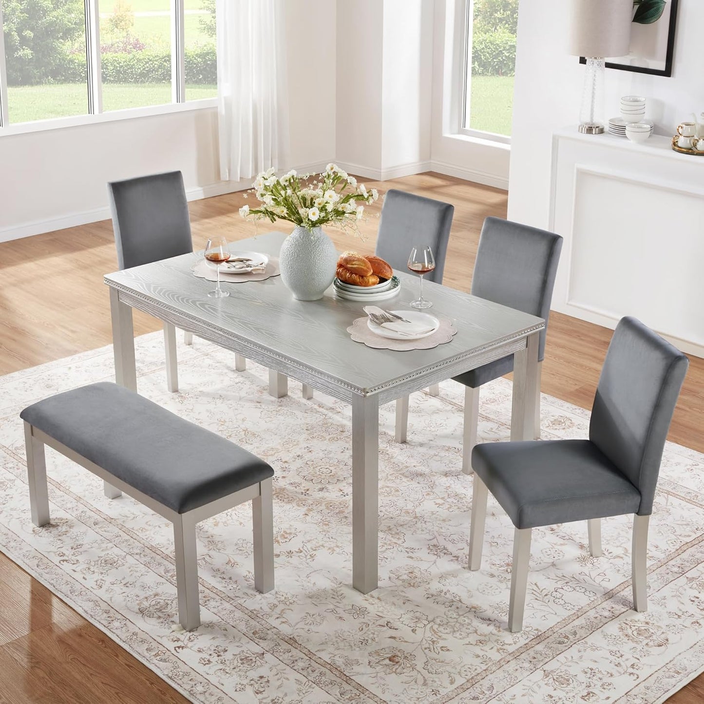 KEIKI 6-Piece Standard Height Dining Table Set with Rectangular Table, 4 Upholstered Chair, Bench, for 6 Person, Crystal Decoration Table Set, Easy Assembly, for Kitchen, Dining Room, Silver Grey