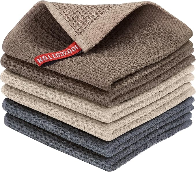 FGSAEOR 100% Cotton Kitchen Dish Cloths & Dish Towels Set, Ultra Soft Absorbent Waffle Weave Dishcloths for Drying Dishes Quick Drying Kitchen Towels Dish Rags, 12x12” (6-Pack), Multi-Color