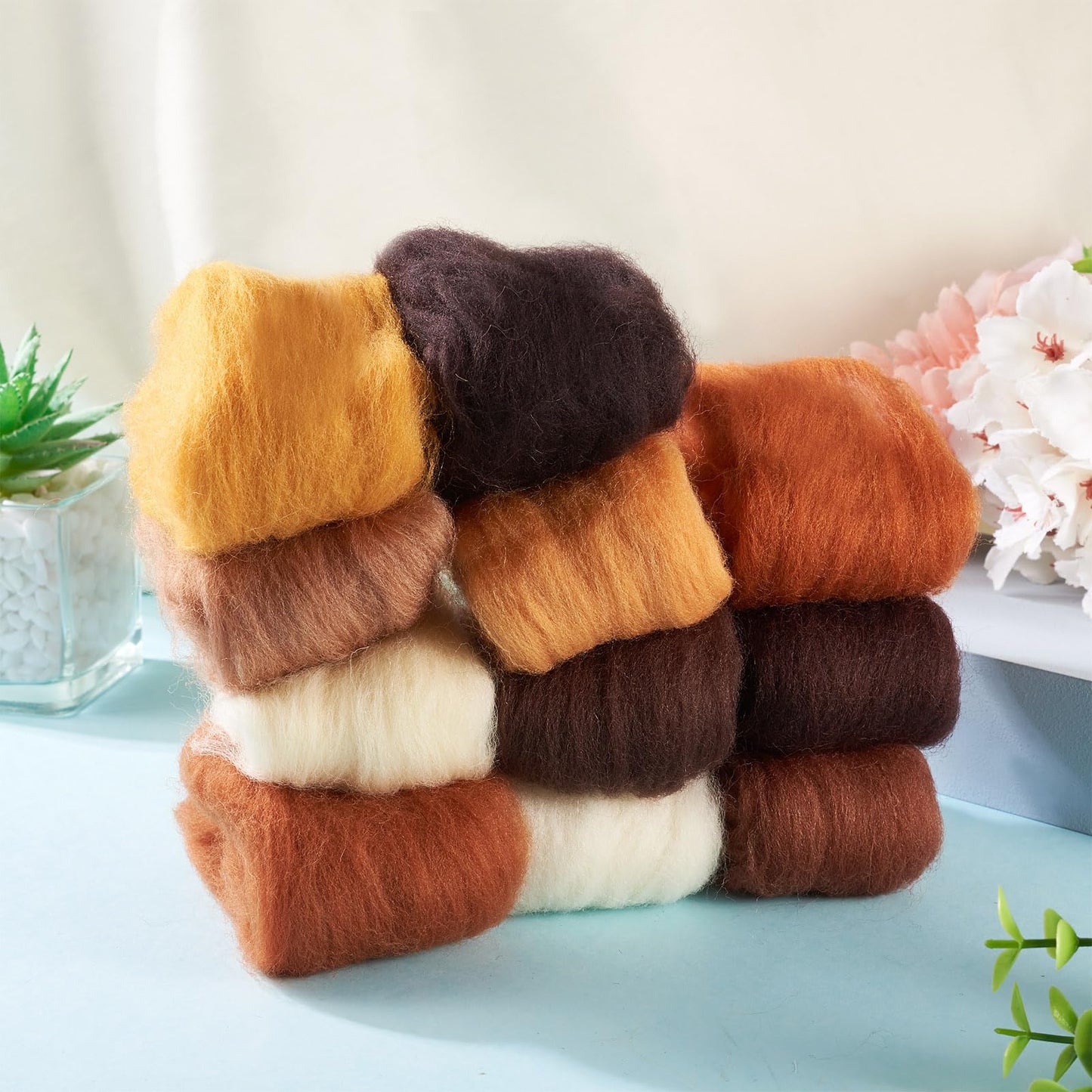 FASHEWELRY 1.94 OZ Fibre Wool Yarn Roving Brown Theme Nature Needle Felting Wool Roving Handmade Spinning Felt Kit for Felted Animal Needle Felting Supplies