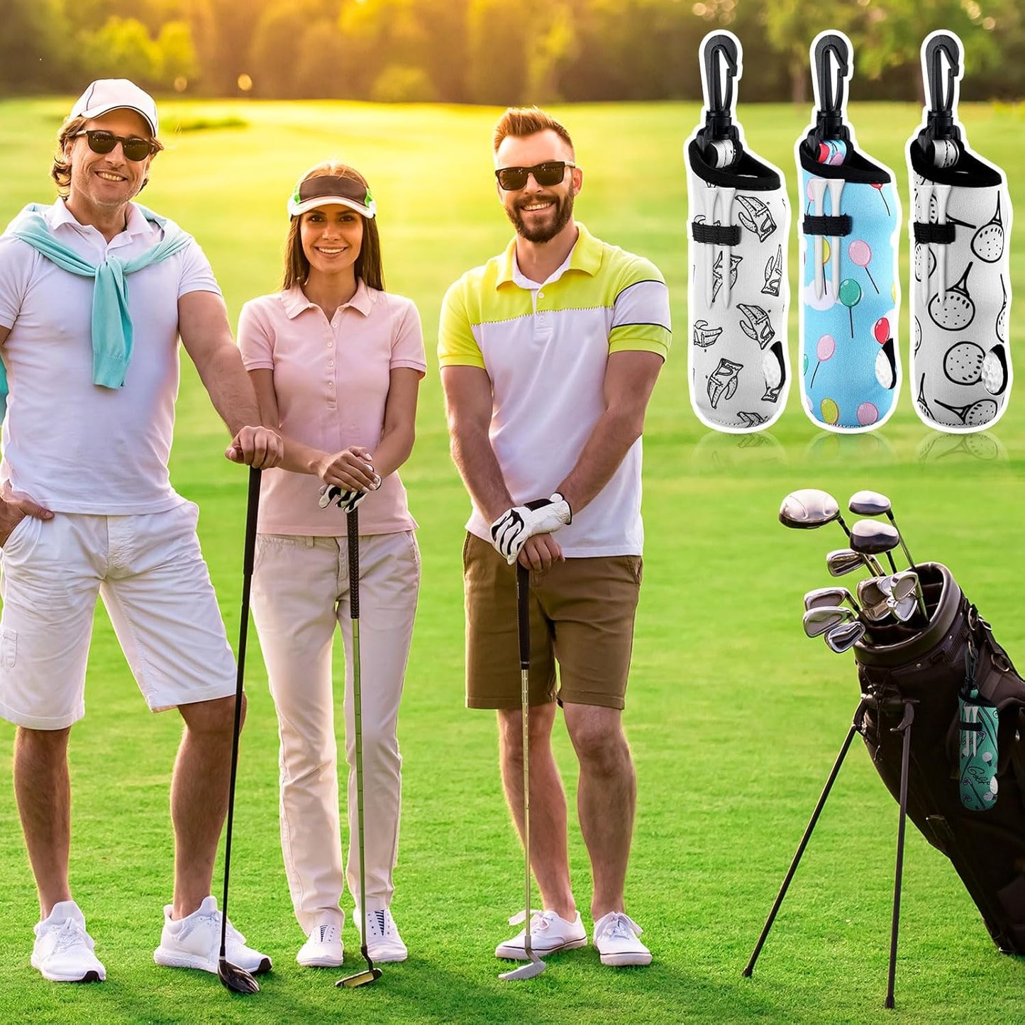 Bencailor 12 Pcs Golf Ball Tee Holder Neoprene Golf Ball Pouch Carry Bag Portable Neoprene Accessories for Women Keychain Belt Clip Bag Gifts Ladies Golfer