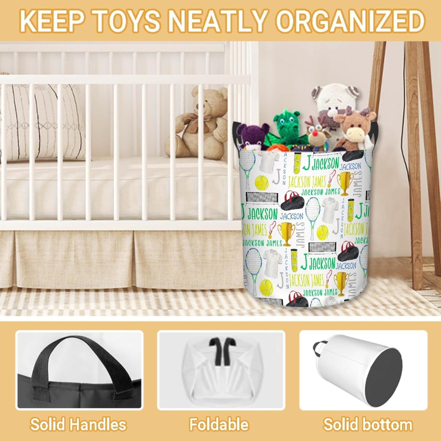 Personalized Tennis Laundry Basket, Custom Sports Laundry Hamper With Name Gifts For Kids Baby Adults, Collapsible Dirty Clothes Storage Organizer With Handles S 16.5 X 13.8in