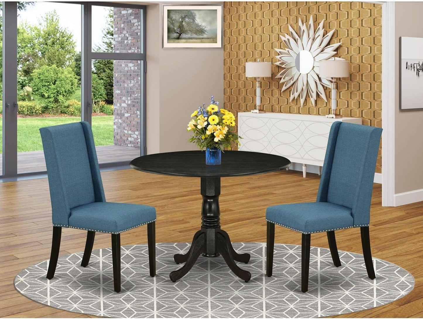 East West Furniture DLFL3-BLK-21 3 Piece Kitchen Table Set Contains a Round Dining Room Table with Dropleaf and 2 Blue Linen Fabric Upholstered Chairs, 42x42 Inch, Black