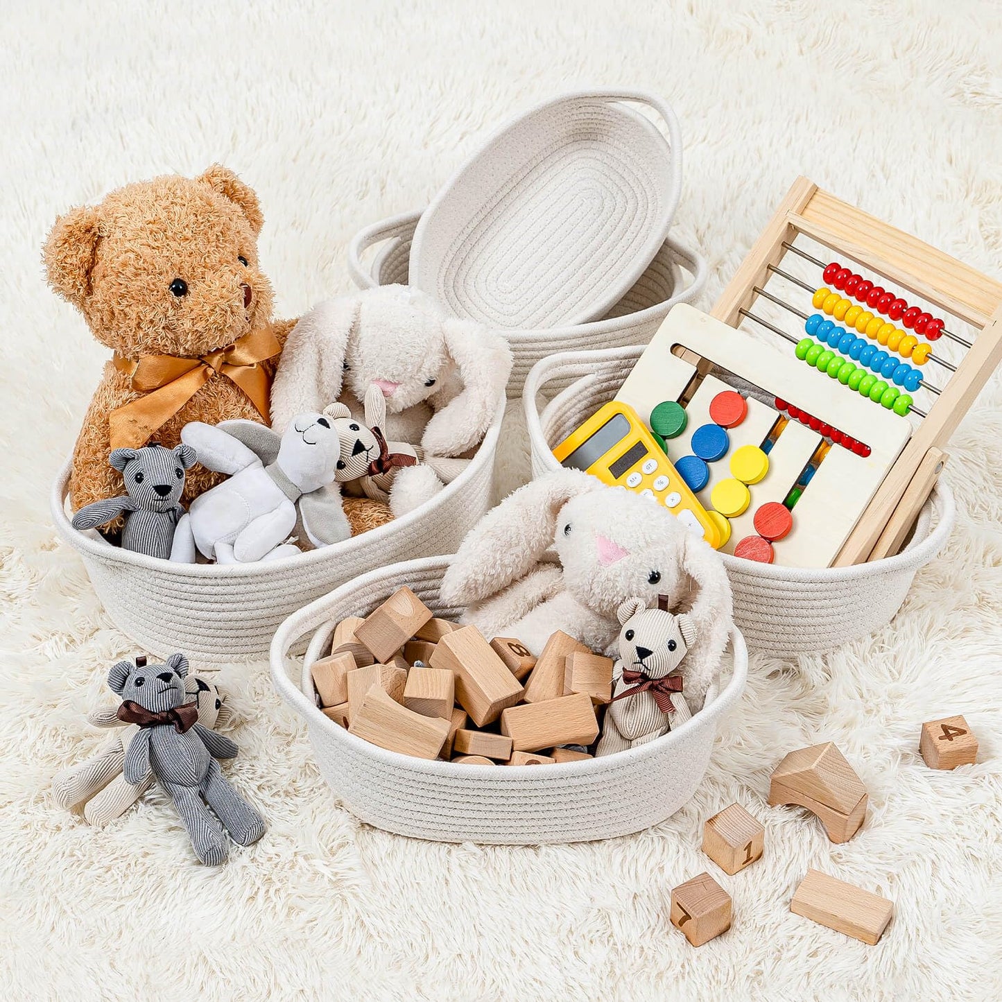 CubesLand Small Woven Rope Toys Basket for Organizing Set 5, Shelves Closet Storage Bins, Empty Gift Baby Shower Basket Also Perfect for Toilet Paper Storage, Organizer Bins Off White