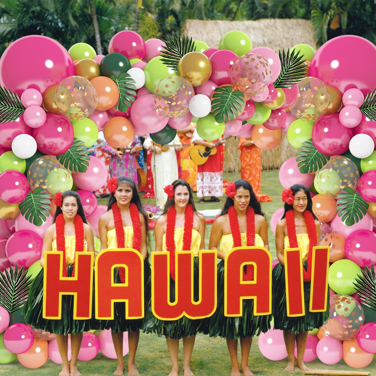 146Pcs Tropical Balloons Garland Arch Kit, Hawaiian Luau Tropical Aloha Flamingo Party Decorations Hot Pink Fruit Green Rose Gold Confetti Balloons Palm Leaves Birthday Baby Shower Wedding Supplies