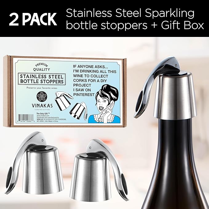 Stainless Steel Bottle Sealer & Wine Topper – Premium Wine Lover Gifts, Wine Gifts for Women and Men – Airtight Champagne Stopper for Sparkling Wine – Wine Essentials Gifts