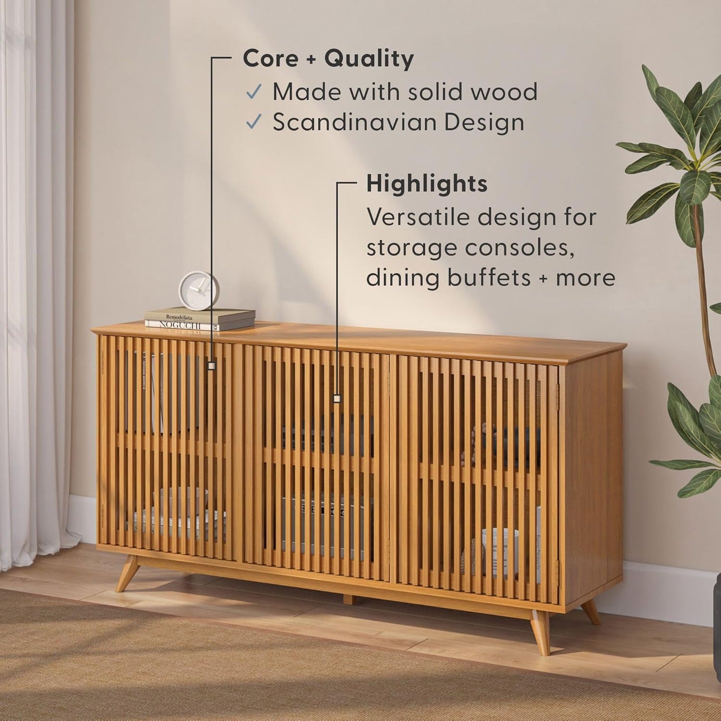 Plank+Beam Mid-Century Modern Wood TV Stand, Three Door Solid Wood Entertainment Console with Storage, 59" L x 16" W x 30" H, Pecan