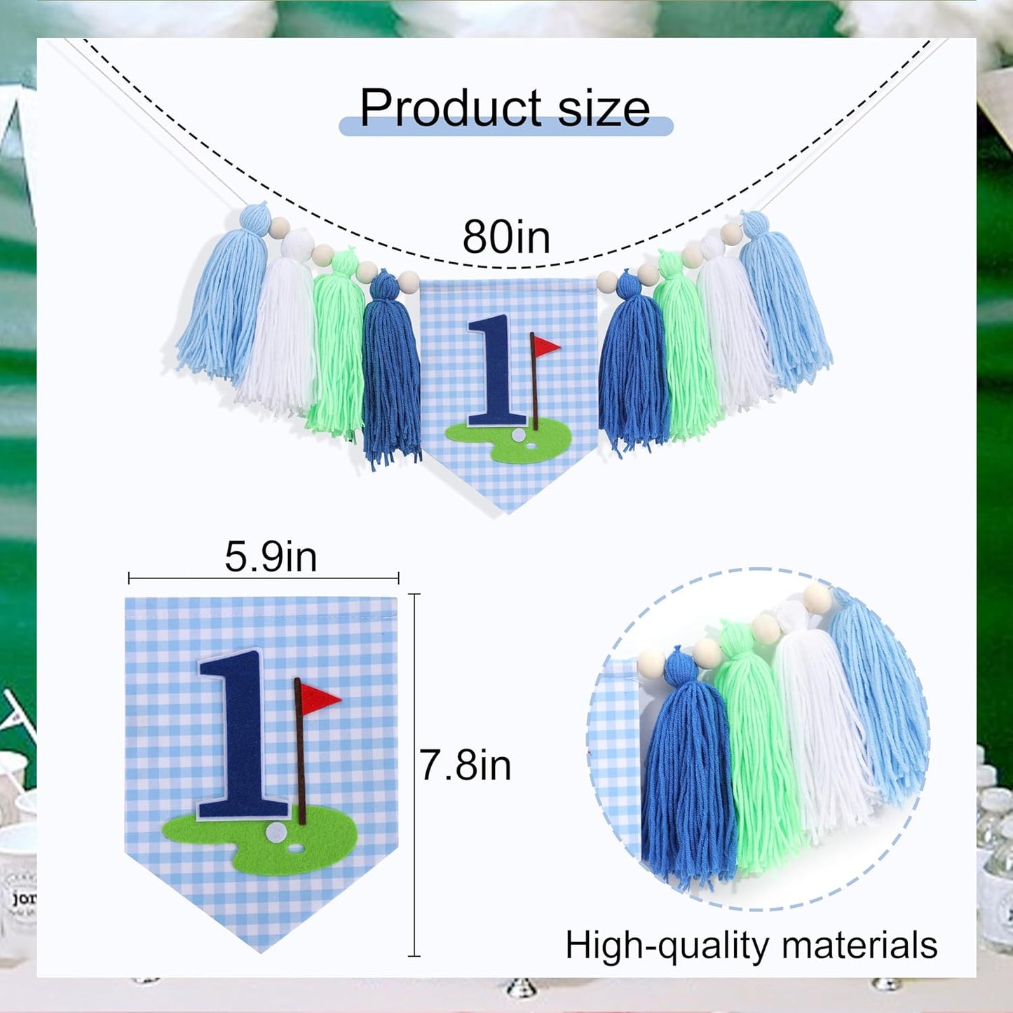 Golf 1st Birthday High Chair Banner - Hole in One Cake Smash Decorations, Golf Yarn Tassel Highchair Banner, Blue and Green Birthday Decor for Boys