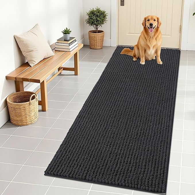 OLANLY Dog Door Mat for Muddy Paws 70x24, Ultra Absorbent Chenille Mud Doormat, Non-Slip Washable and Dirt Trapping Doormat for Indoor Entryway, Quick-Dry Indoor Pet Bed Mats for Dogs, Dark Grey