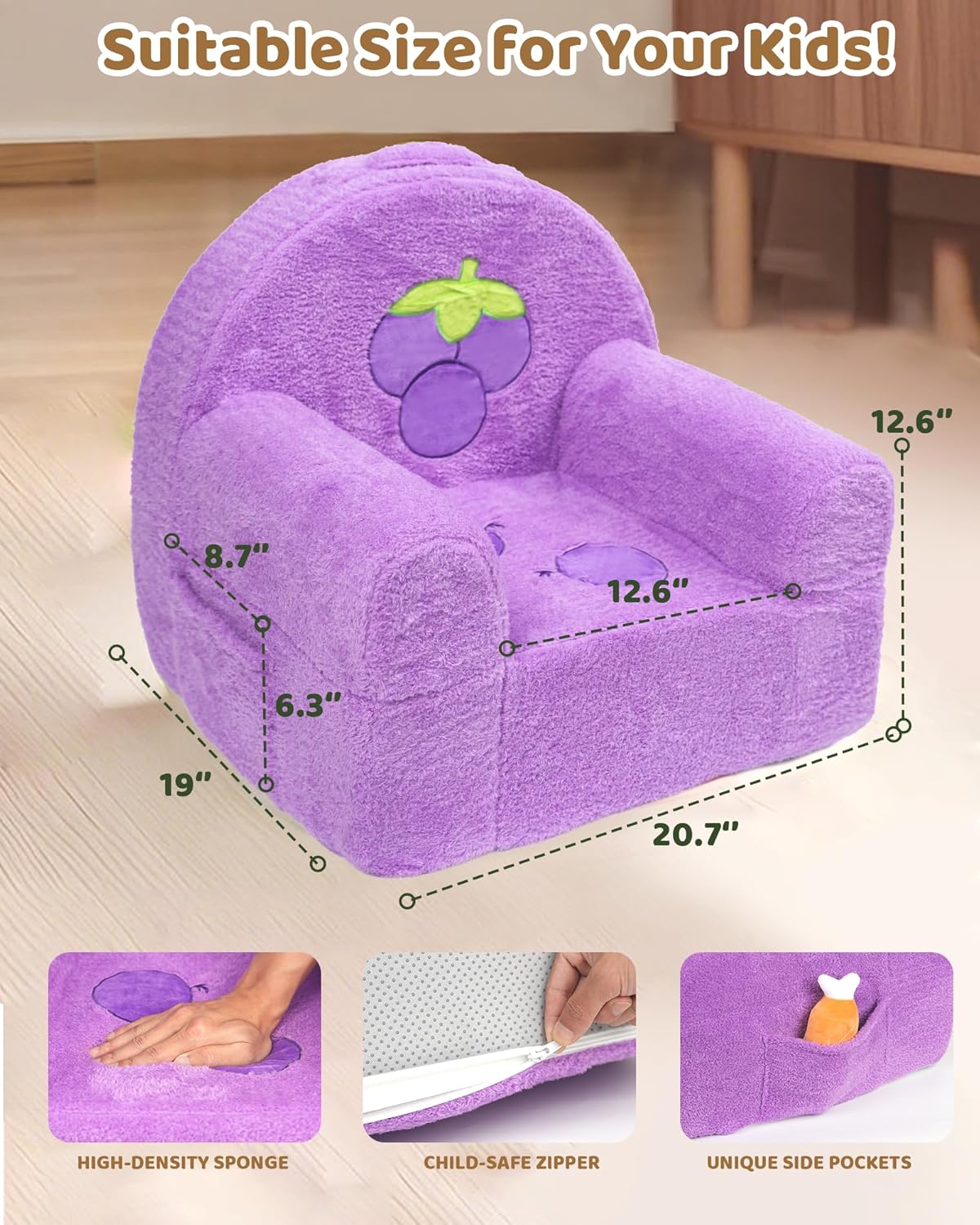 Toddler Chair, Comfy Foam Kids Couch with Soft Velvet Cover, Toddler Couch with Cute Grape Design for Gaming and Studying, Kids Sofa for Boys and Girls