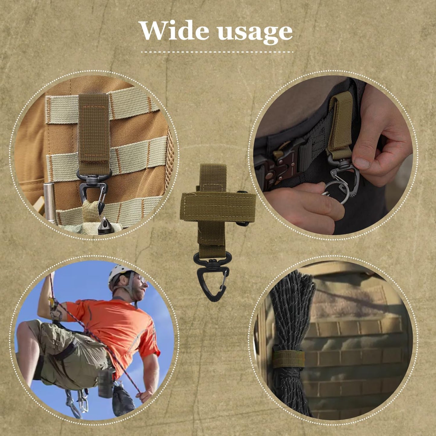 3 Pcs Tan Nylon Tactical Glove Holder Straps with Adjustable Safety Clips for Duty Belts Ideal for Outdoor Work Climbing Rope Storage Hunter Gear Connect Rope Organization 360° Swivel Hook Buckles