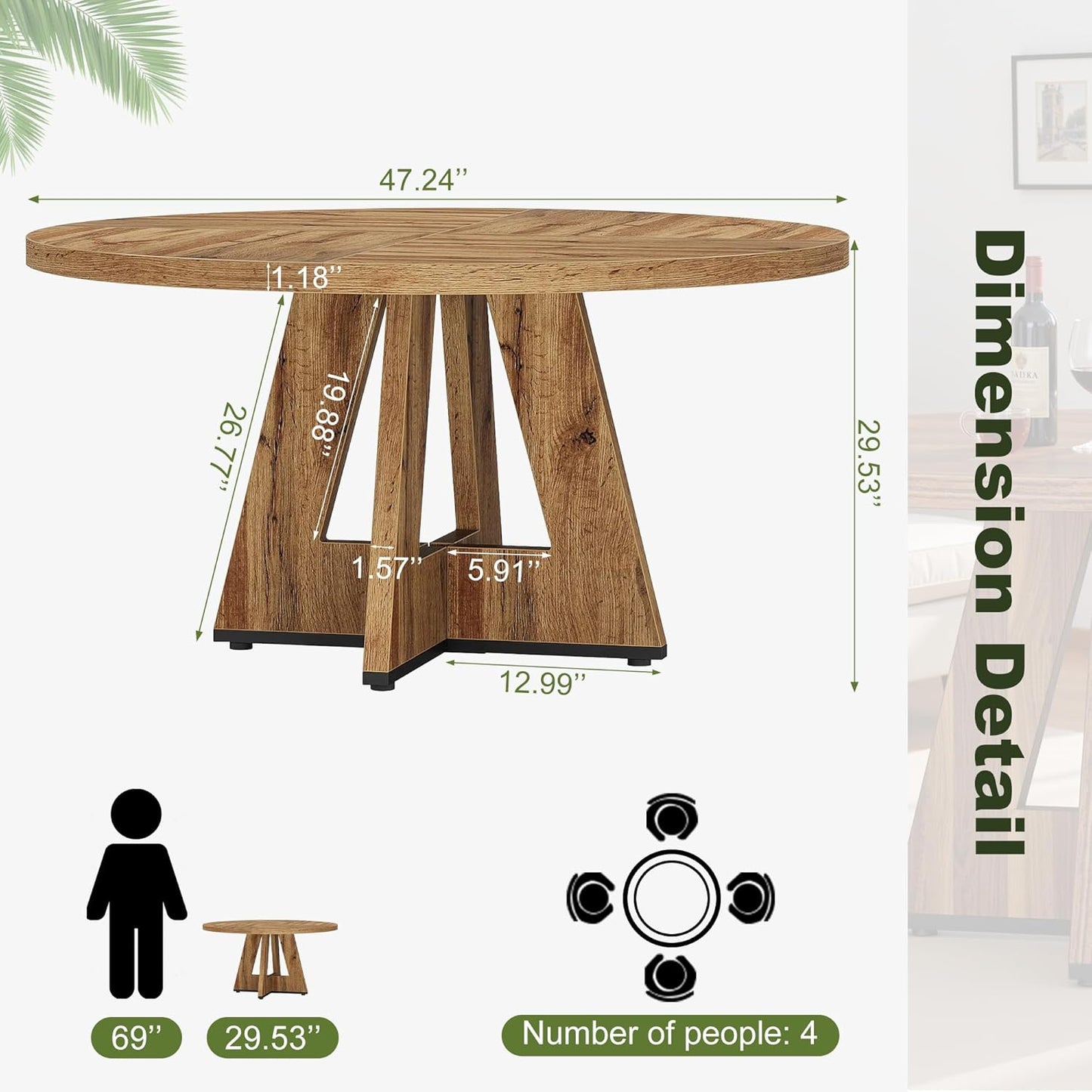 NicBex 47 Inch Round Dining Table, Wooden Dinner Table for 4, Small Farmhouse Kitchen Tables with Cross Base for Dining Room, Kitchen, Living Room, Light Brown