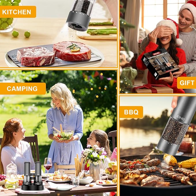 Electric Salt and Pepper Grinder Set Rechargeable, External Adjustable Coarseness, Automatic Salt & Pepper Shakers Mills, Kitchen Gadgets,Stocking Stuffers Christmas Cooking Gifts for Adults Men Women