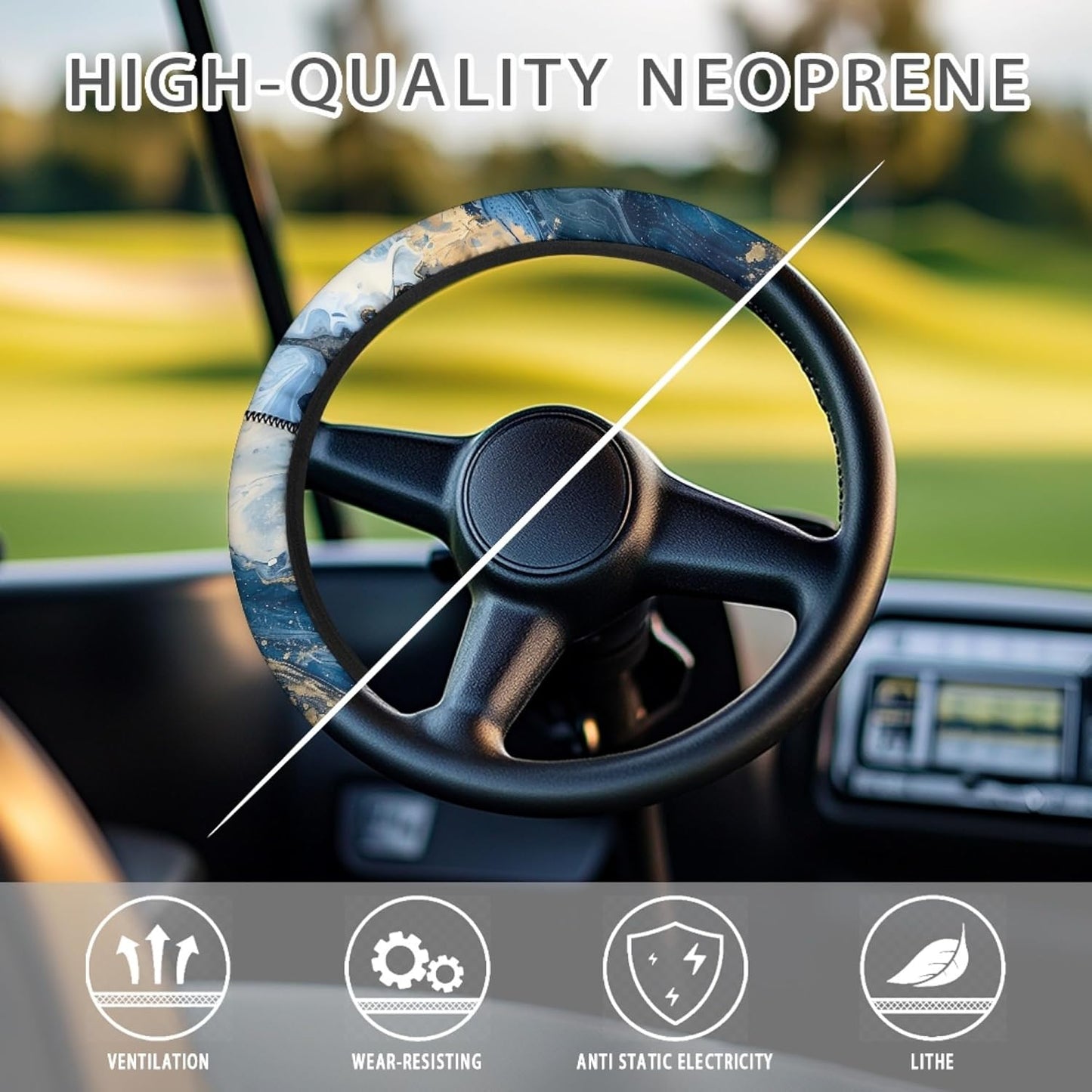 Blue Marble Print Golf Cart Steering Wheel Cover 13 Inch - 14 Inch Neoprene Golf Cart Steering Wheel Covers Stretchable Golf Cart Accessories for Club Car Machine Washable