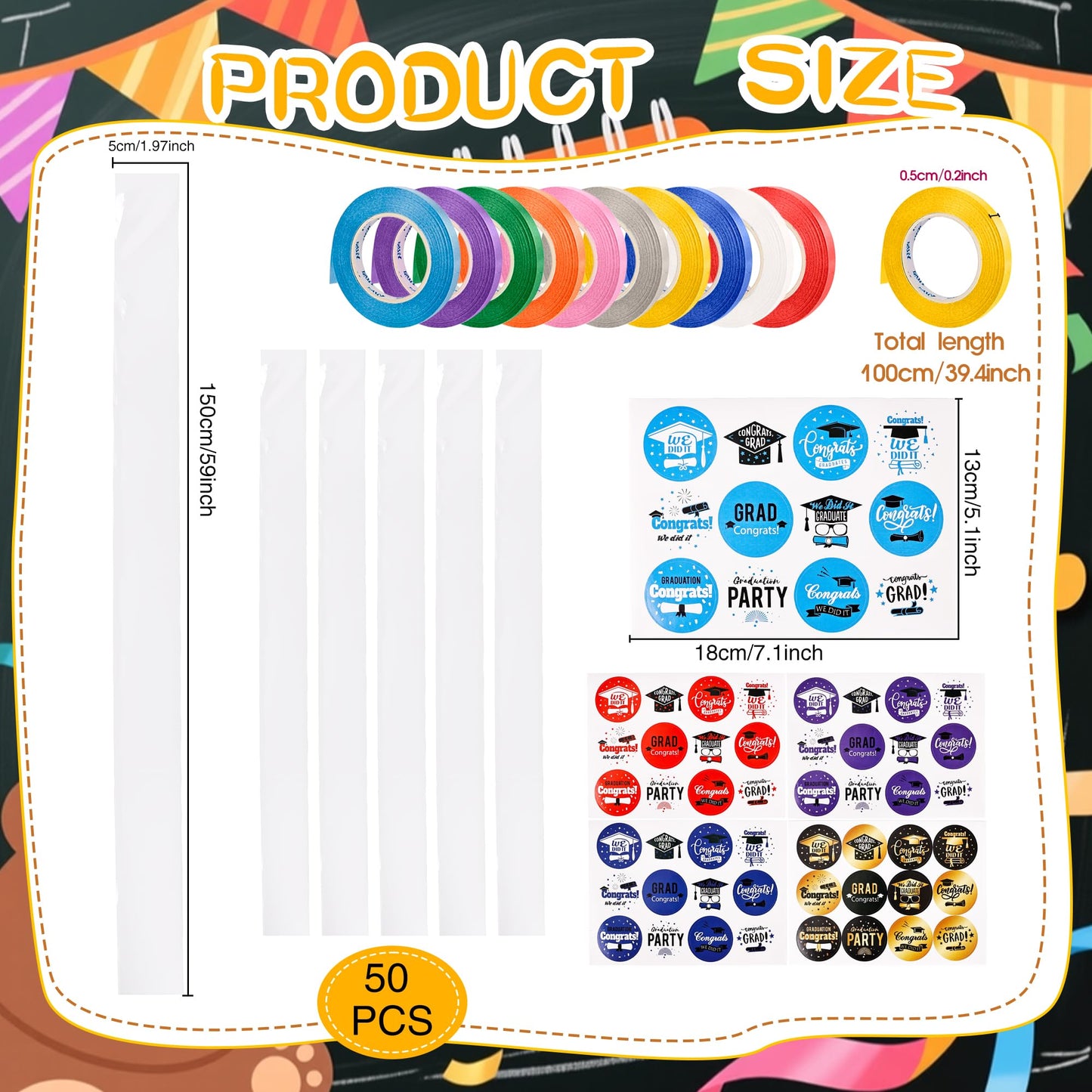 Mikasee 110 Pcs Graduation Candy Lei Making Kit 50 Graduation Candy Lei Tubing Lei Bags with 50 Sheet Stickers 10 Rolls Ribbon for School Graduation Wreaths