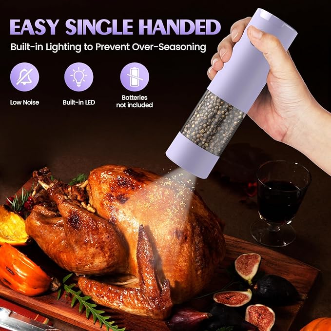 Salt and Pepper Grinder Set Christmas Gifts for Women Automatic Battery Purple Pepper Mill Shakers Kitchen Accessories Cooking for Mom, Adjustable Coarseness Salt Pepper Shakers White Elephant Gift