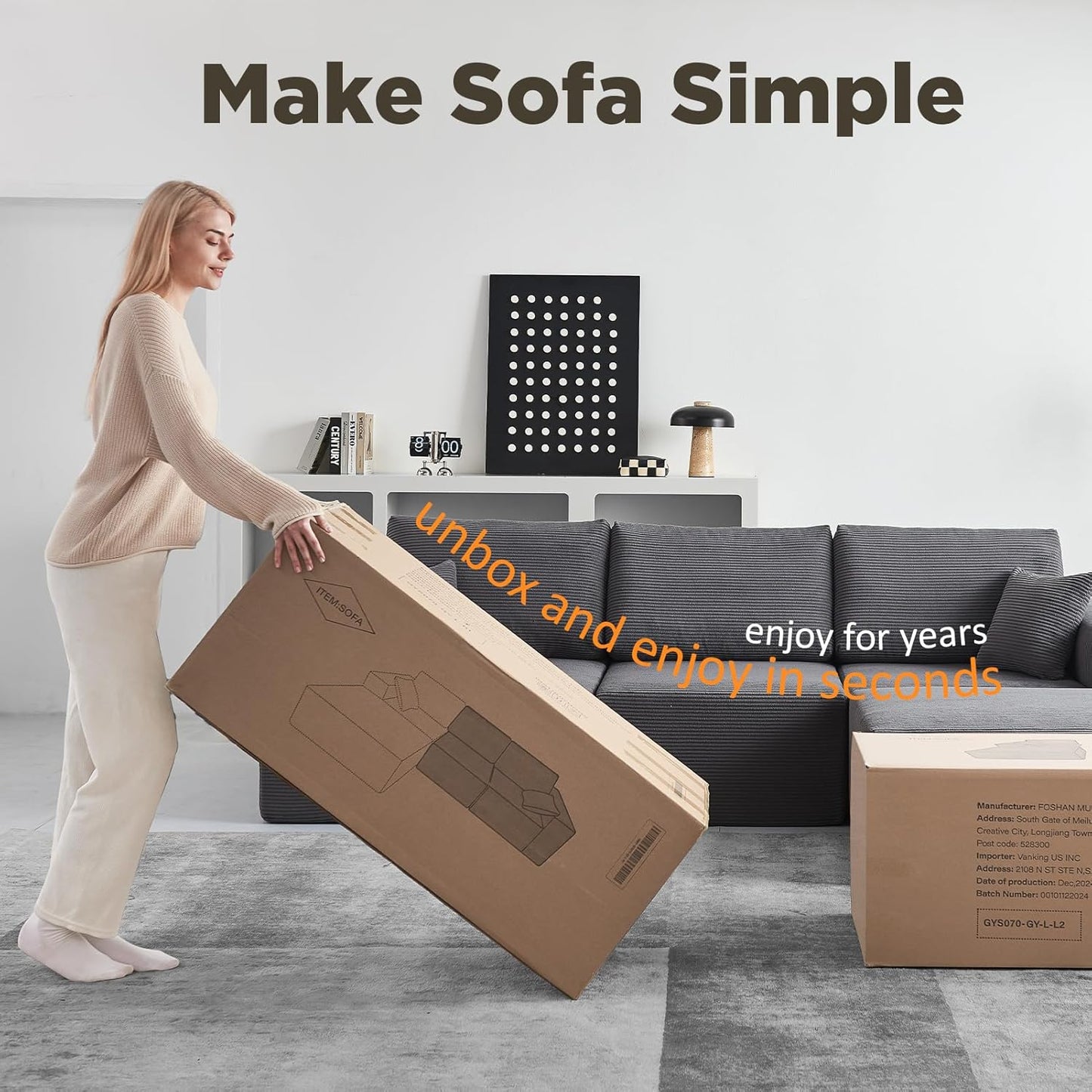 INGEROOM 108" Cloud Sectional Couch, Modular Sectional Sofa with L-Shaped Chaise, Modern Plush Corduroy Couch for Living Room Bedroom, No Assembly Required, Deep Seating Floor（Dark Gray）