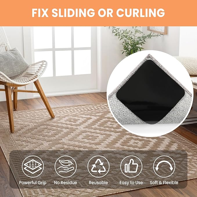 BAGAIL Rug Grippers 16 Pcs, Non-Slip Rug Corner Grips for Hardwood Floors & Tile, 4x4in Reusable Double-Sided Adhesive Carpet Tape to Prevent Sliding & Tripping Hazards for Pets, Kids, Family