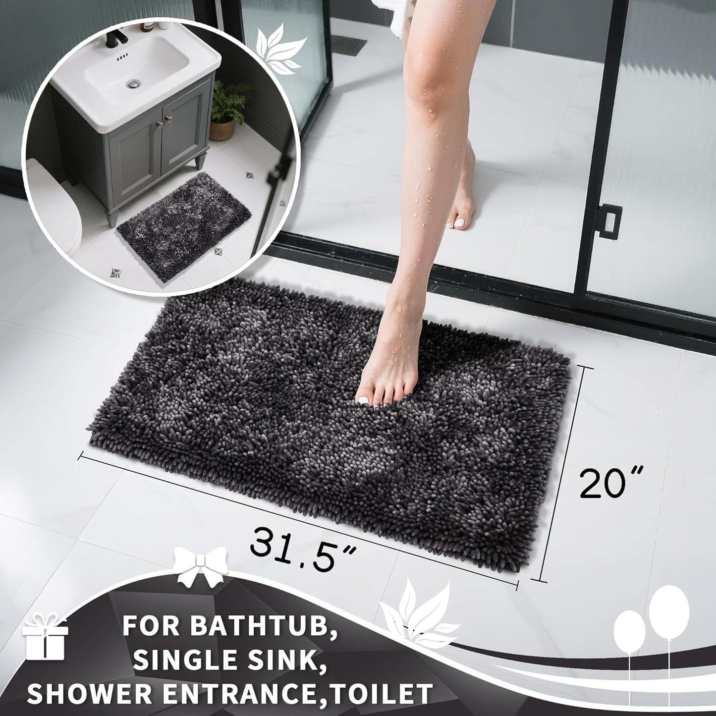 Yimobra Chenille Bathroom Rugs Non Slip, Extra Thick Soft Absorbent Bath Rug 31.5x20 Inch, Machine Washable Quick Dry Bath Mat for Bathroom Floor, Tub and Shower, Home Decor Accessories, Dark Grey