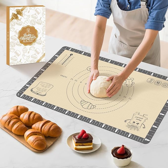 Silicone Baking Mat with Cookie Recipes, Extra Thick Silicone Mat for Baking Macaron, Bread, Pizza, Non Stick Pastry Mat for Dough Rolling Out, Heat Resistant to 480°F Gift for Baker
