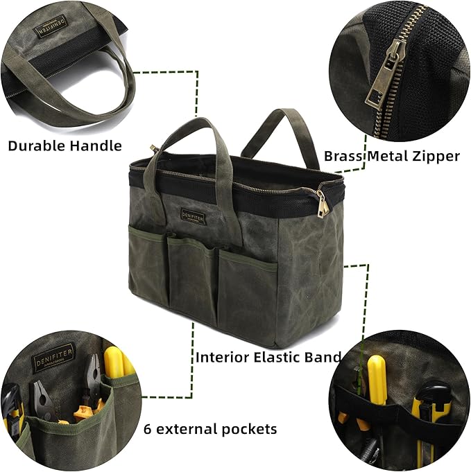 13-inch Tool Bag, Heavy Duty Wide Mouth Water-Resistant Tool Bag, Tool Tote with Handle for Tools, Wrenches, Screwdrivers (13 X 7.8 X 9 inch) | ArmyGreen