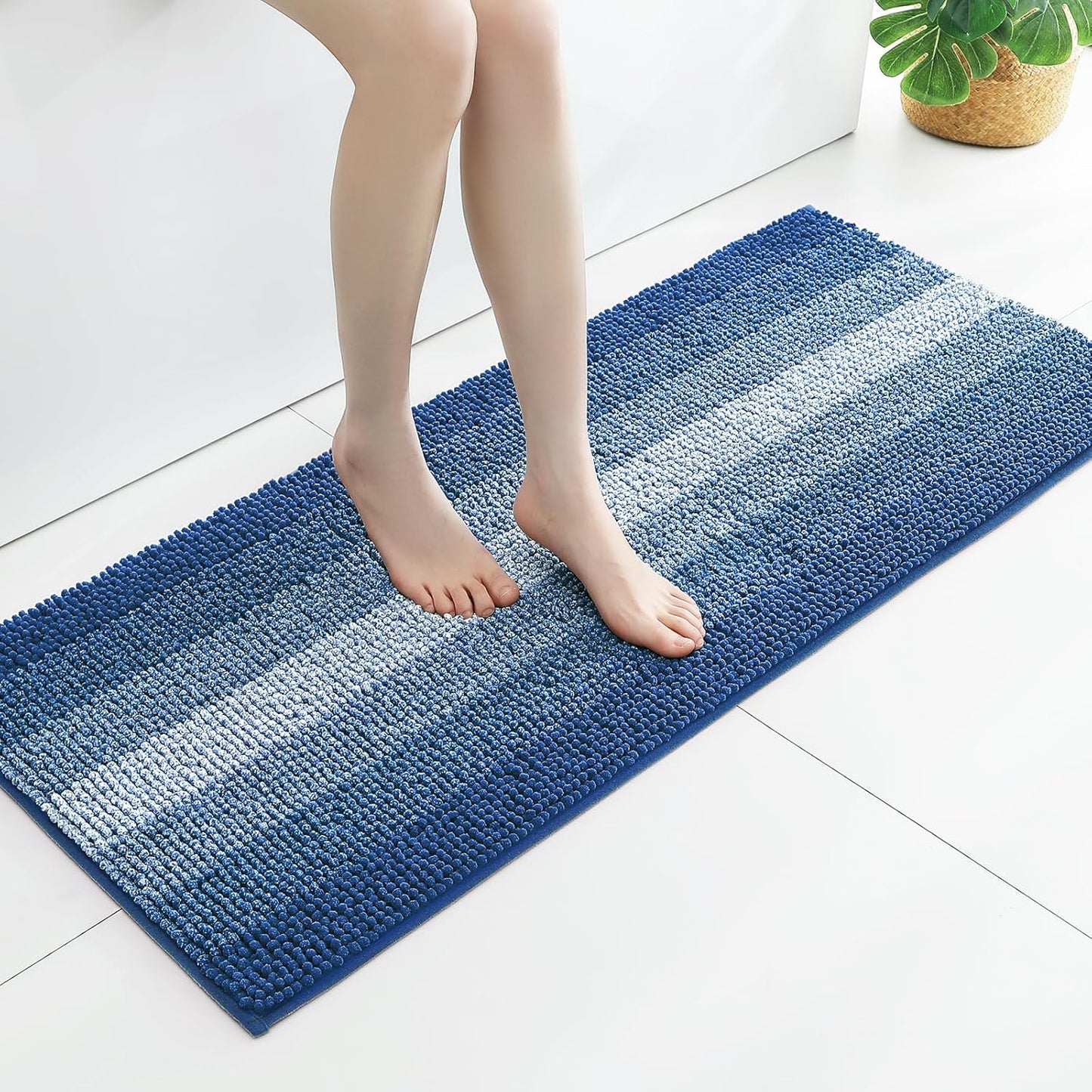 Gibelle Long Bathroom Rugs, Luxury Chenille Bath Mat, Small Non Slip Shower Rug and Bath Room Floor Mats, Machine Washable, Quick Dry Bathmat, Soft Cozy Plush Rug for Tub, 20" x 47", Blue