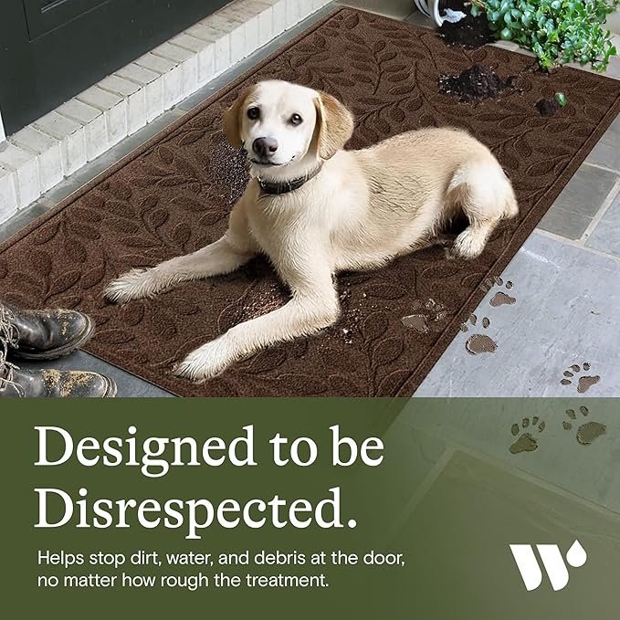 WaterHog Welcome Mat for Indoor/Outdoor, 3’ x 5’, Made in USA, Durable & Water-Resistant, Dirt Trapping Mat, Decorative Front Door and Entryway Rug, Brittney Leaf Design, Dark Brown
