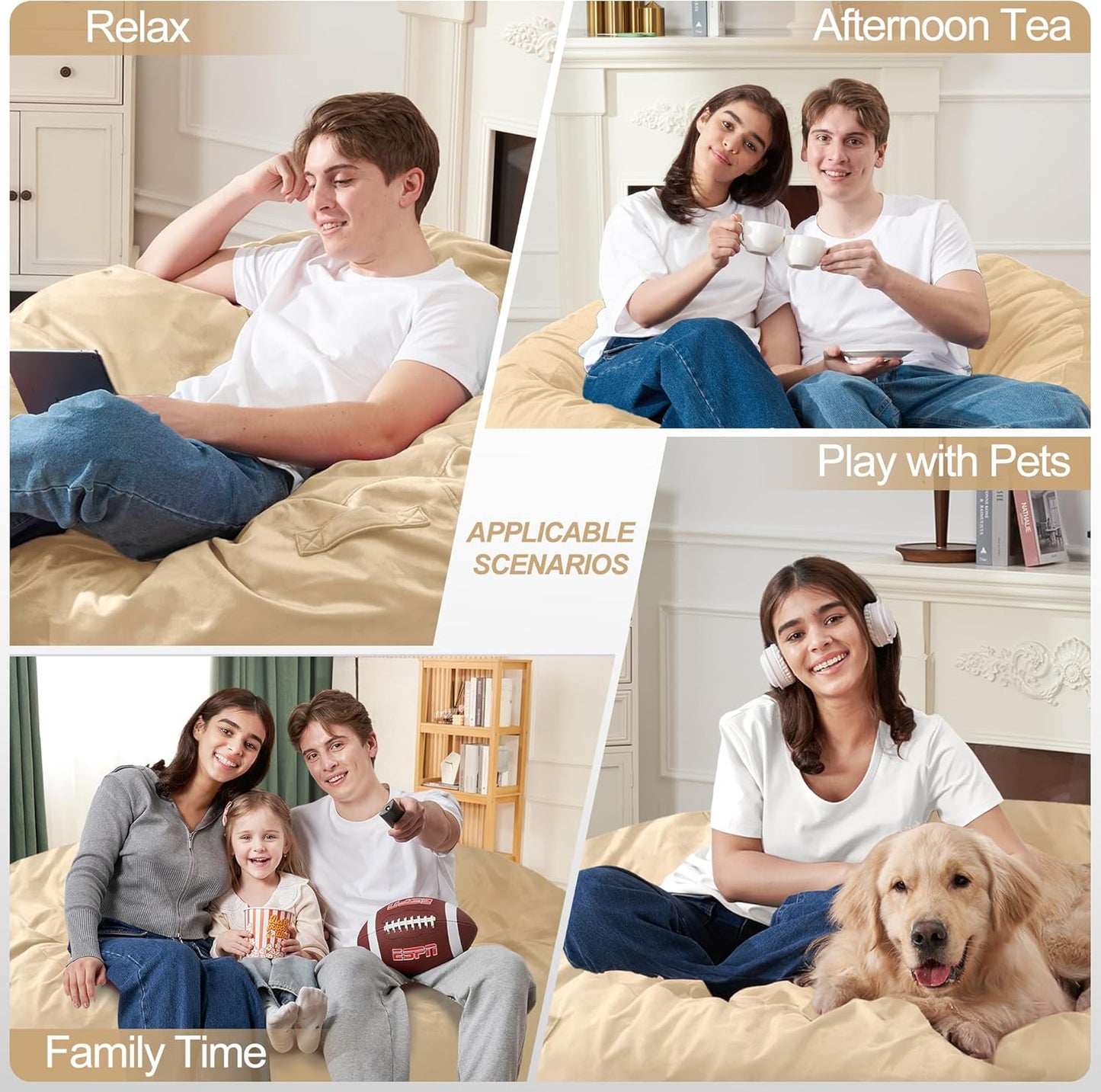 Homguava 5FT Bean Bag Chair Giant BeanBag with Memory Foam Filled, Comfy Bean Bag Chairs for Adults, Adult Bean Bag Chair with Dutch Velvet Cover for Living Room Bedroom-Khaki
