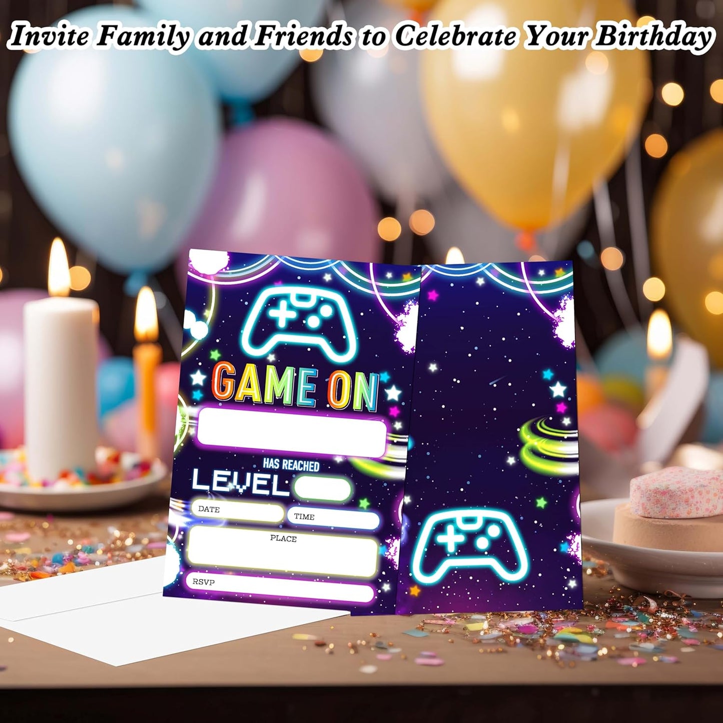 Video Game Birthday Invitations for Boys, 20 Invitation Cards with Envelopes, Neon Gaming Party Invites for Party Decorations Favor Supplies - A29