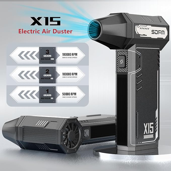 SDFM Compressed Air Duster - 180,000 RPM Electric Air Duster - with Brushless Motor, 3-Gear Adjustable Air Duster - for Keyboard, PC, Car, Air Bed, and Home Cleaning (X15)