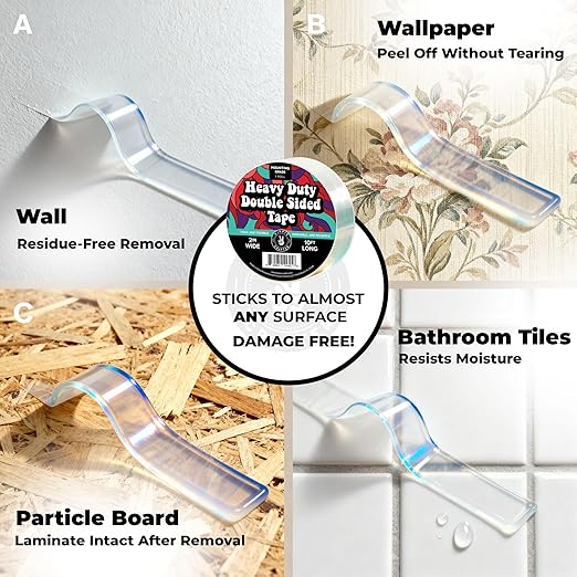 HIPPIE CRAFTER Strong Double Sided Tape Heavy Duty Wall Tape or Mounting Transparent Clear Nano Reusable and Removable Roll 1" x 10FT
