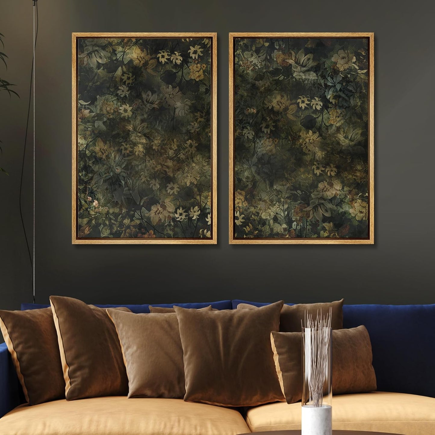 SIGNWIN Framed Canvas Print Wall Art Set Botanical Shadows Dark Floral Illustrations Modern Art Rustic Relax/Calm for Living Room, Bedroom, Office - 24"x36"x2 Natural