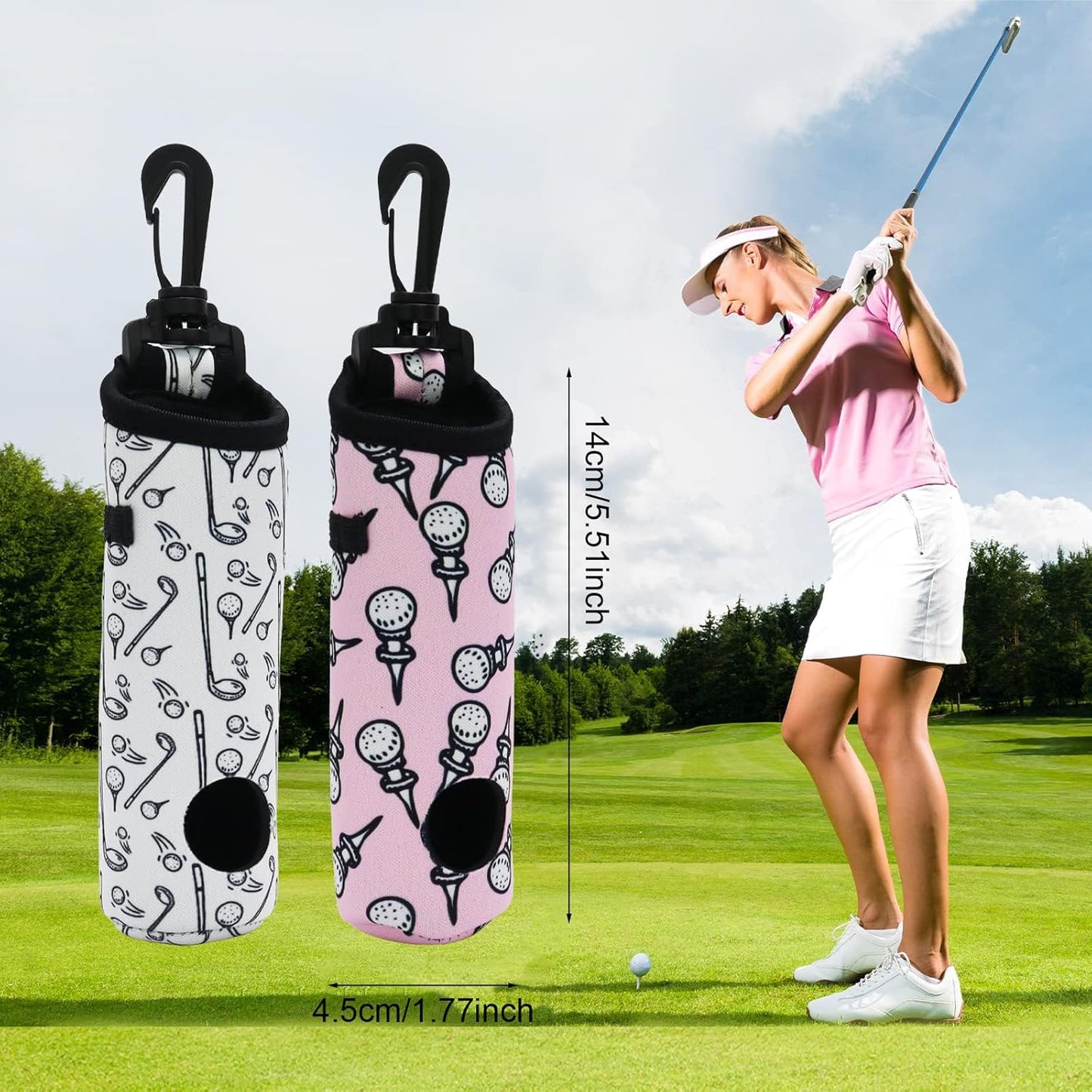 Golf Ball Holder Golf Tee Holder Golf Ball Carry Bag Pouch with Light Weight Hook Keychain Belt Clip Portable Golf Accessories for Ladies Girls 2 Pack