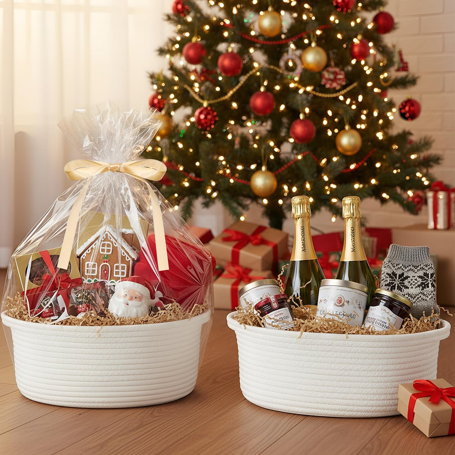 Colingmill Graduation Woven Basket with Gift Bags and 2 Ribbons, Raffia Grass Paper Shred Filler, Gift Card, Empty Small Rope Basket for Storage Presents Toy Organizer(White,14 * 10 Inch)