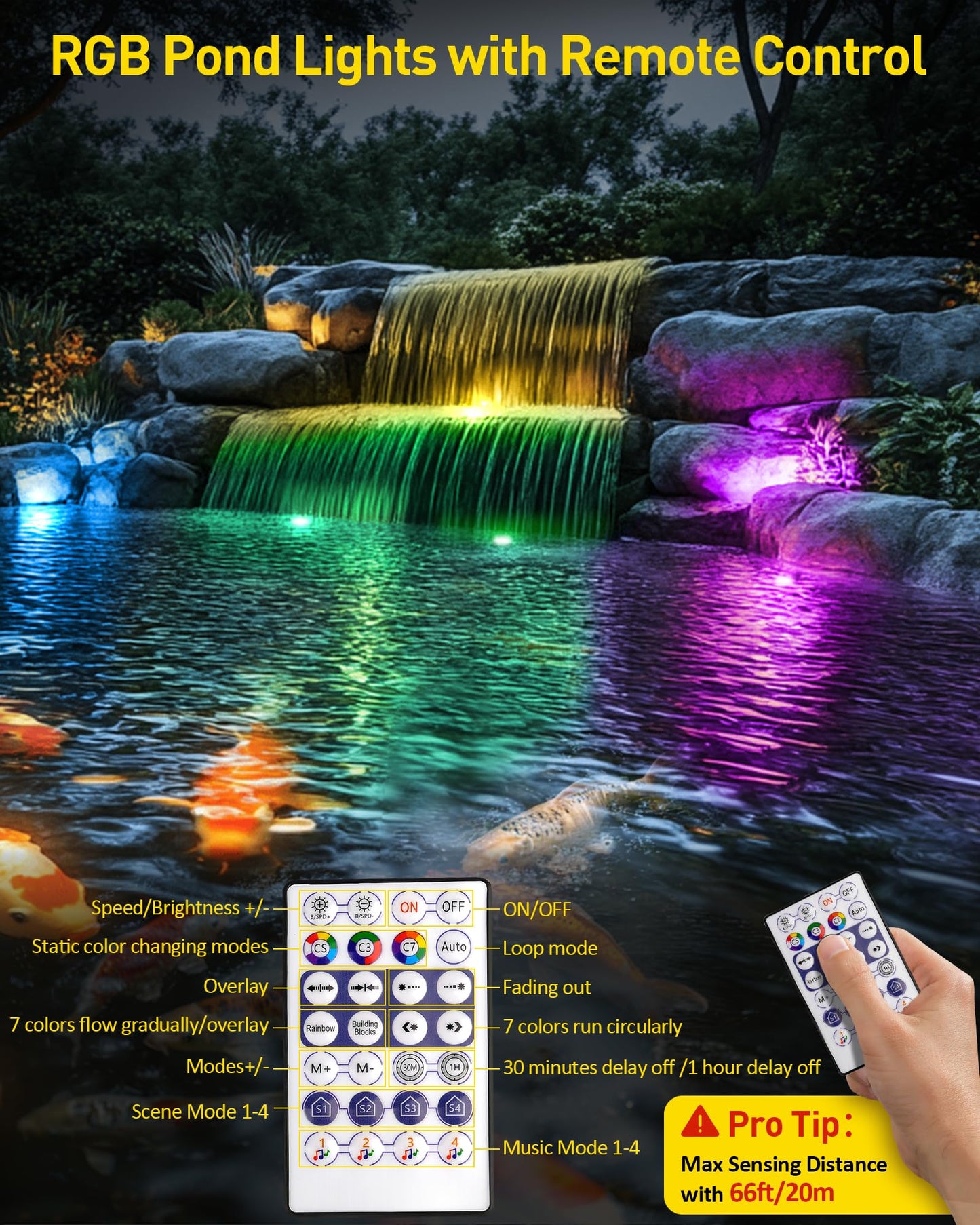 T-SUN Colored Pond Lights, Bright LED Underwater Pond Light Submersible Fountain Lights APP and Remote Control,Dimmable,Timer, IP68 Waterproof Fish Tank Light for Aquarium Fountain Garden (4-Head)