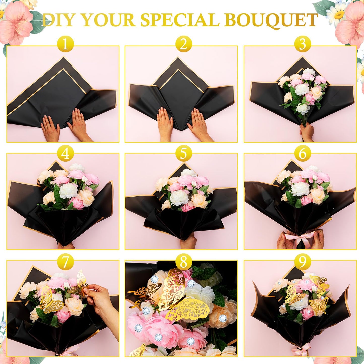 FVSEC 440 Sheet Flower Wrapping Paper Floral Bouquet Paper With Gold Edge Korean Wrapping Paper for Florist Supplies DIY Gift Wedding Anniversary, 23 x 23 Inch (Black)