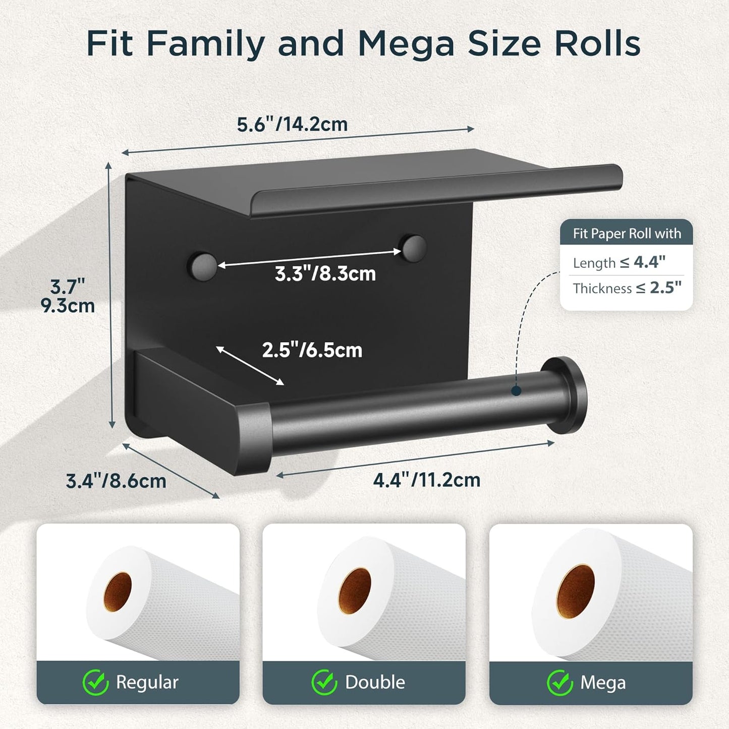 FORIOUS Toilet Paper Holder with Shelf, Adhesive or Screw Wall Mount Toilet Paper Roll Holder for Bathroom, Rustproof 304 Stainless Steel Commercial Toilet Tissue Holder with Phone Shelf, Matte Black