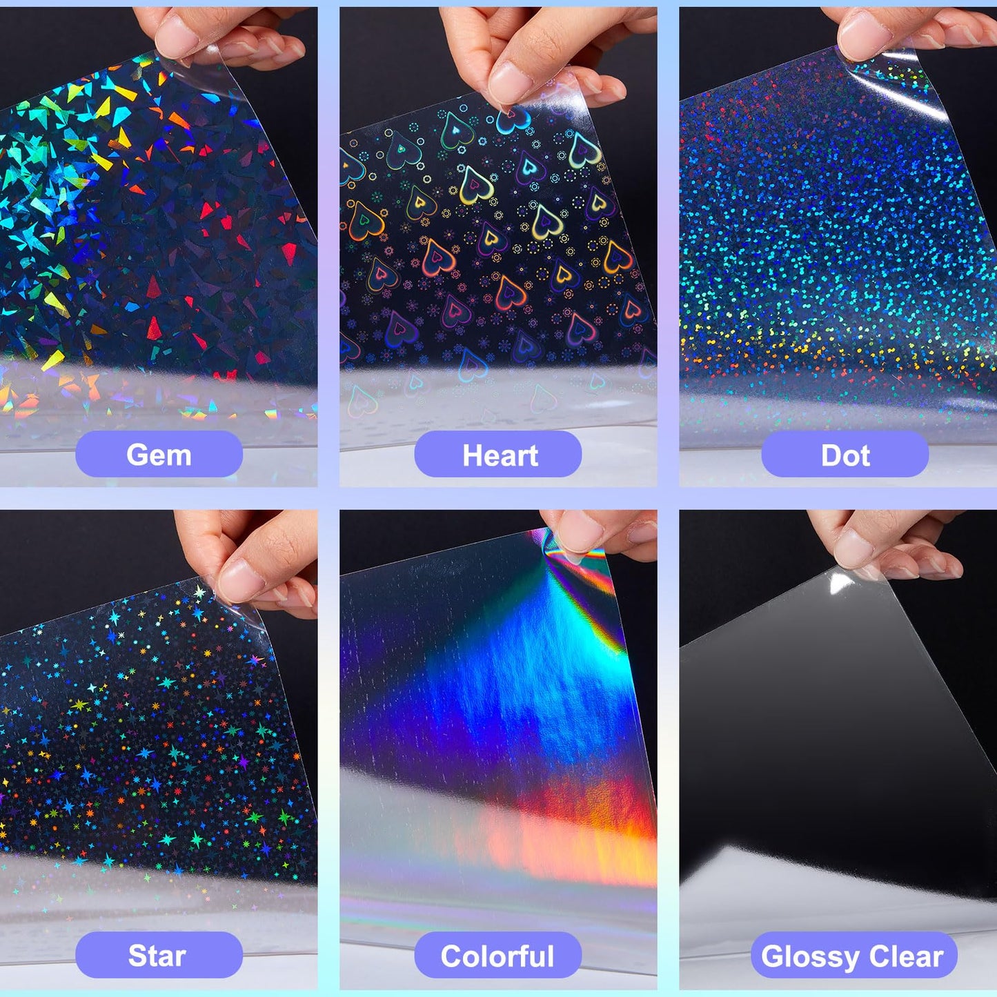 Clabby 36 Sheets Holographic Sticker Paper A4 Vinyl Holographic Laminate Sheets Self Adhesive Waterproof Transparent Film, 11.7 x 8.3 inches(Gem, Dot, Colorful, Star, Heart, Glossy Clear)