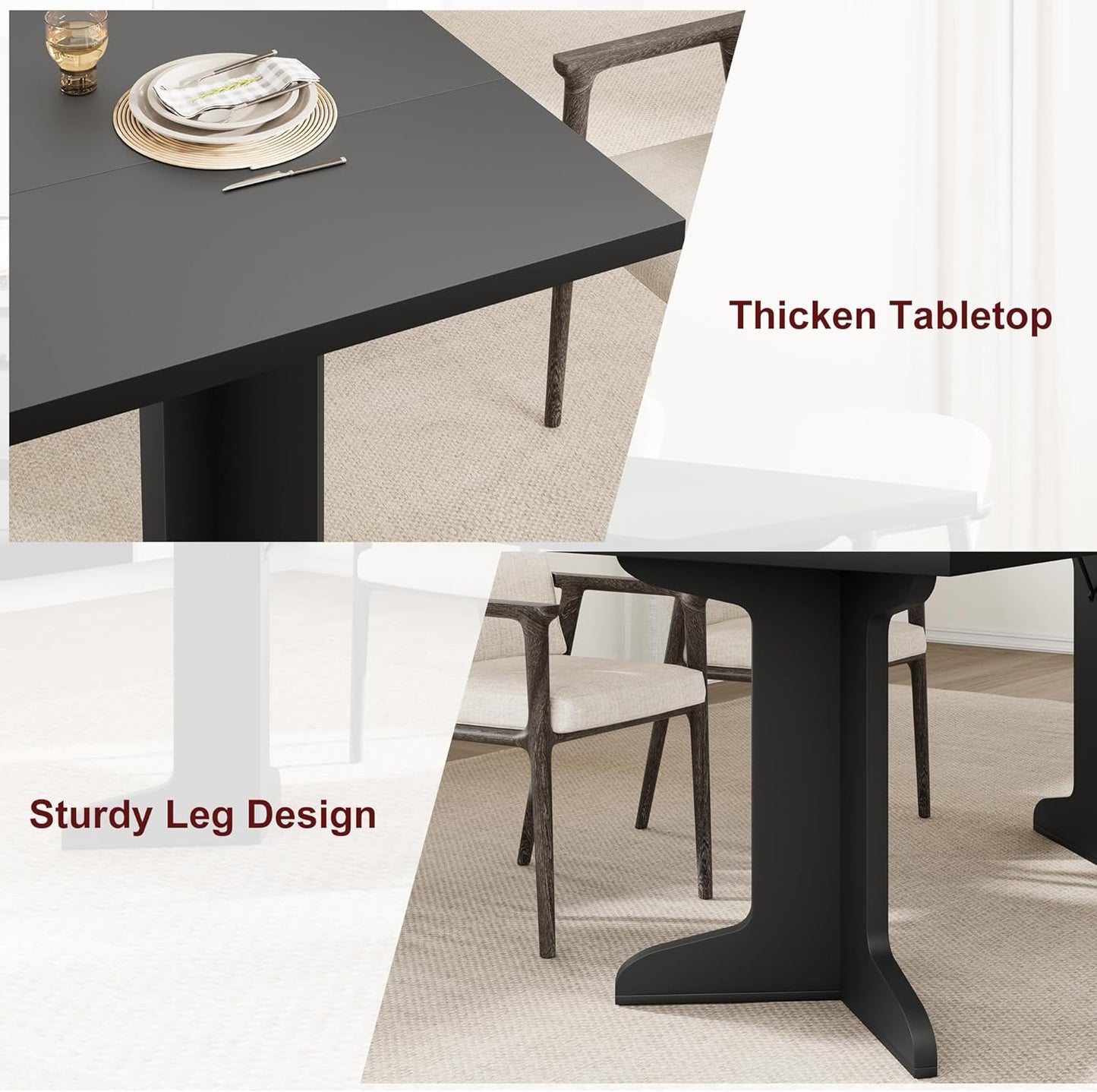 71" Large Dining Table for 6, Farmhouse Kitchen Table with Padded Top and Unique V-Shaped Feet, Rectangular Wooden Dining Table for 8 People for Home, Dining Room, Kitchen, Office, Black