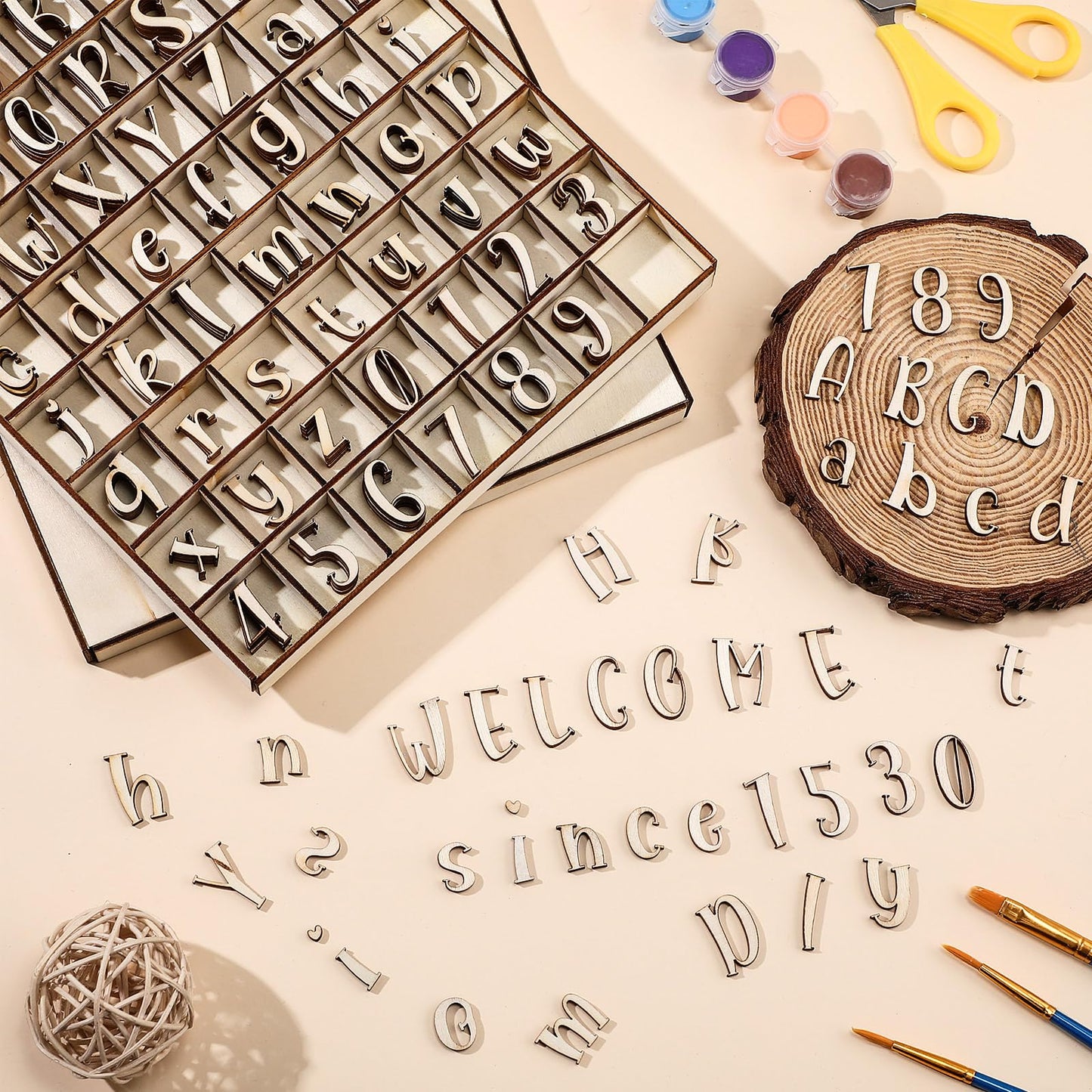 Geelin 248 Pcs 1 Inch Wood Alphabet Letters Numbers with Storage Box Blank Unfinished Wooden Letters Numbers with Rustic Storage Tray for Spelling Learning Education DIY Crafts